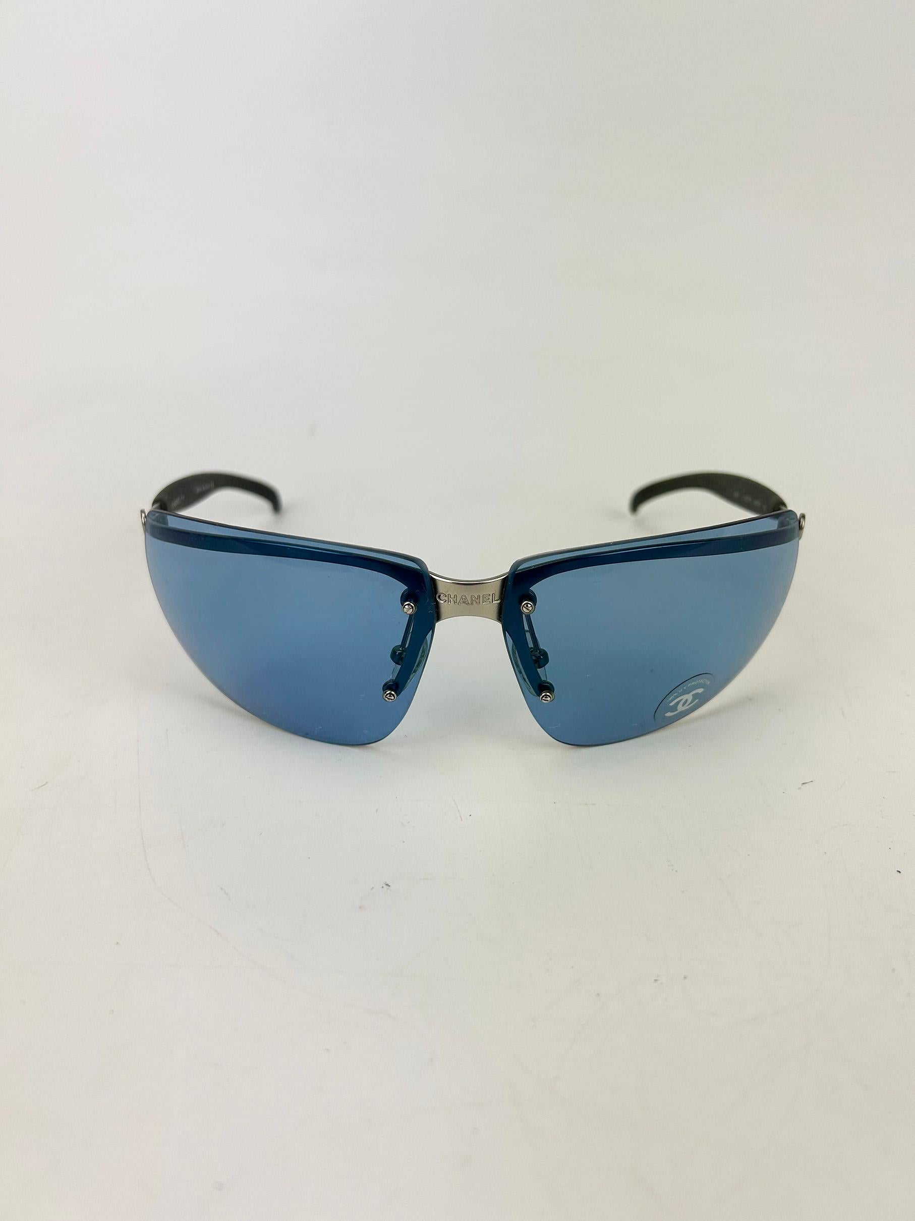 Women's Chanel Vintage Blue Lens Matte Silver Sunglasses c2000s For Sale
