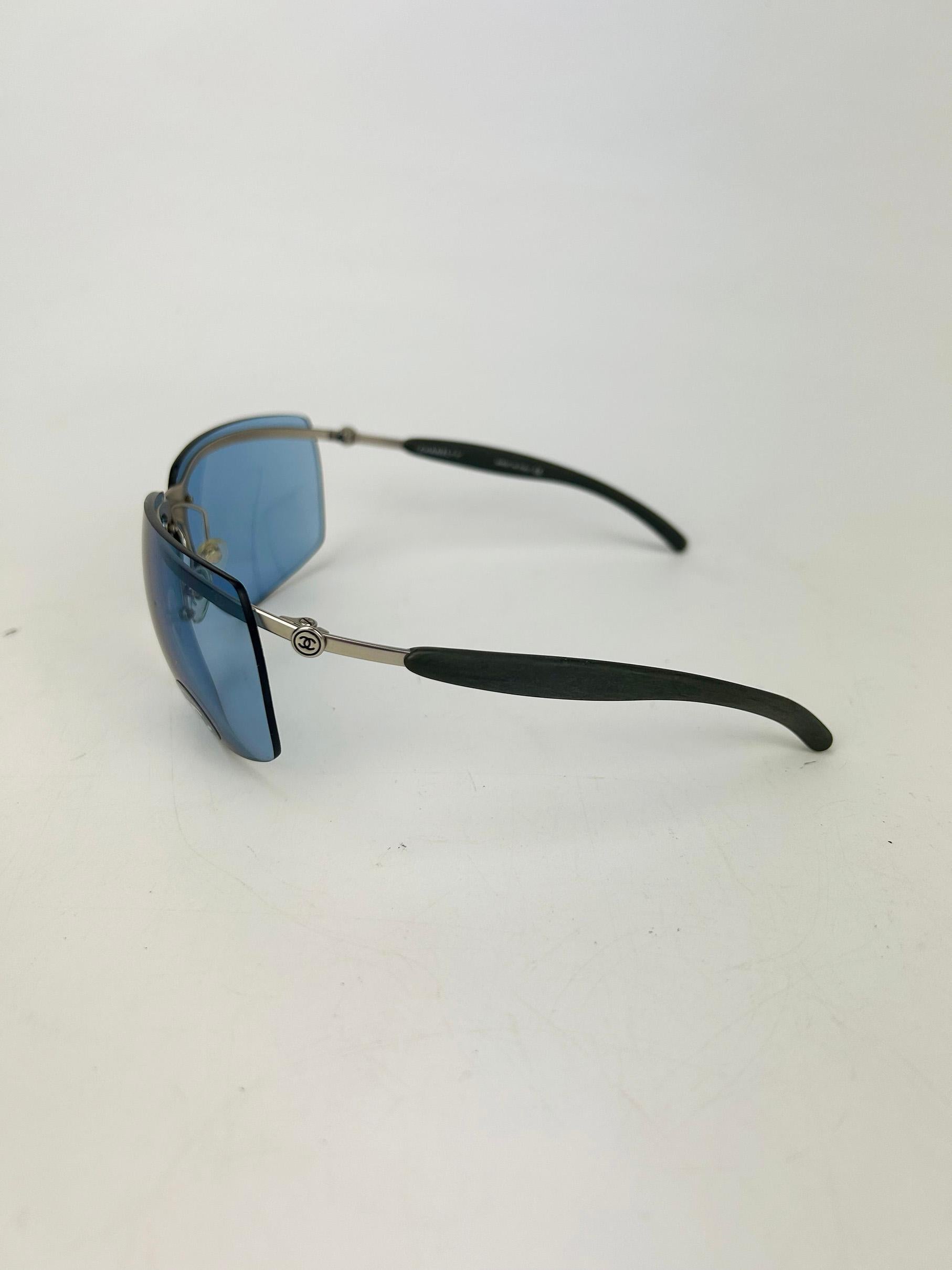Chanel Vintage Blue Lens Matte Silver Sunglasses c2000s For Sale 1