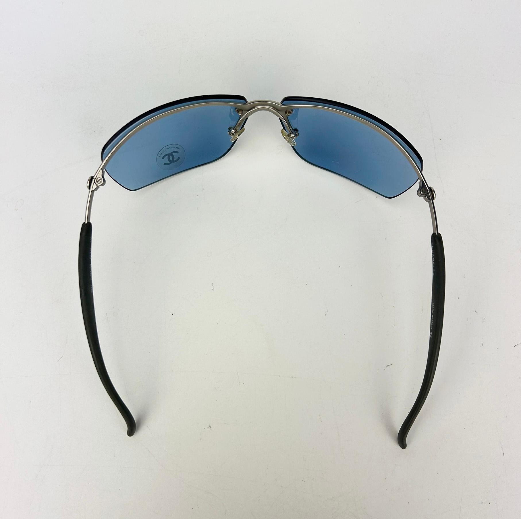 Chanel Vintage Blue Lens Matte Silver Sunglasses c2000s For Sale 2