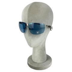 Chanel Vintage Blue Lens Matte Silver Sunglasses c2000s