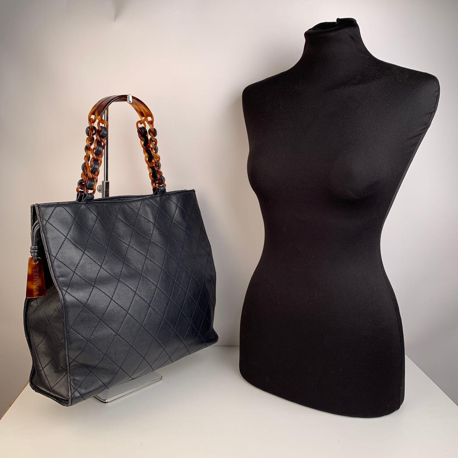Black Chanel Vintage Blue Quilted Leather Tote Bag Shopper Lucite Handles