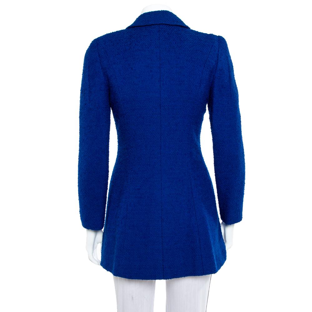 Chanel Vintage Blue Tweed Button Front Long Jacket S In Good Condition In Dubai, Al Qouz 2