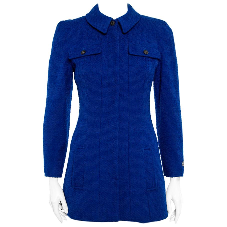 Chanel Vintage Blue Tweed Button Front Long Jacket S
