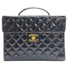 Chanel Vintage Briefcase Black Patent Leather Gold Mega CC Hardware