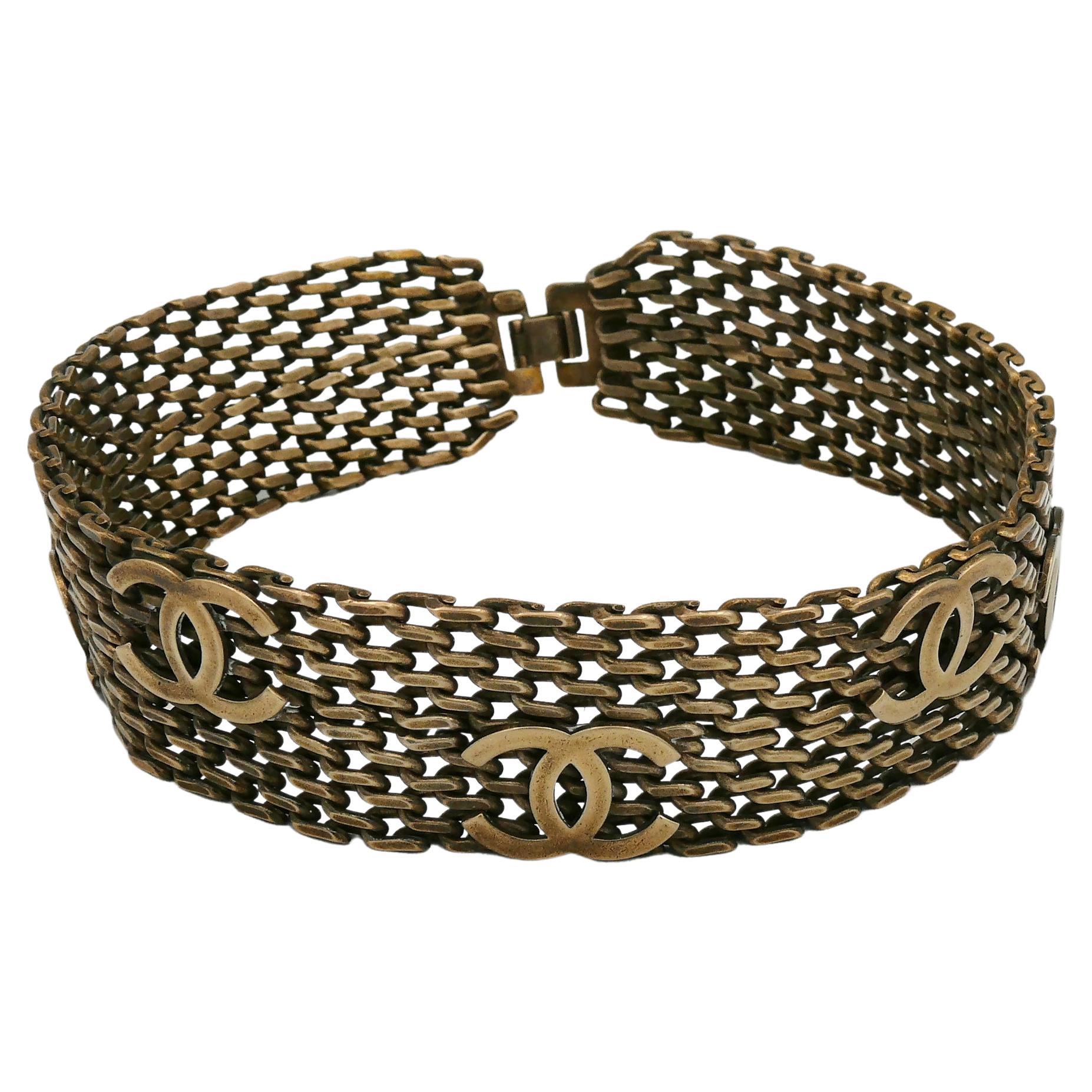 Chanel Vintage Bronze Toned Mesh Chainmail CC Choker Necklace, Fall 1997 For Sale