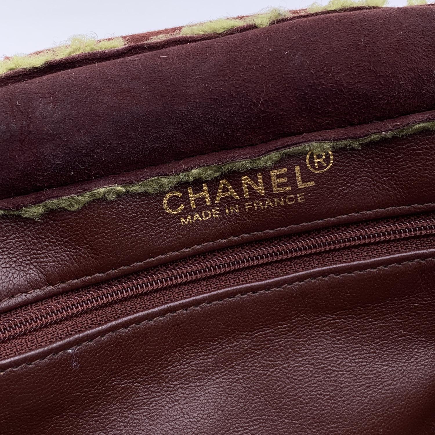 Black Chanel Vintage Brown and Green Suede Shearling Tote Bag Handbag