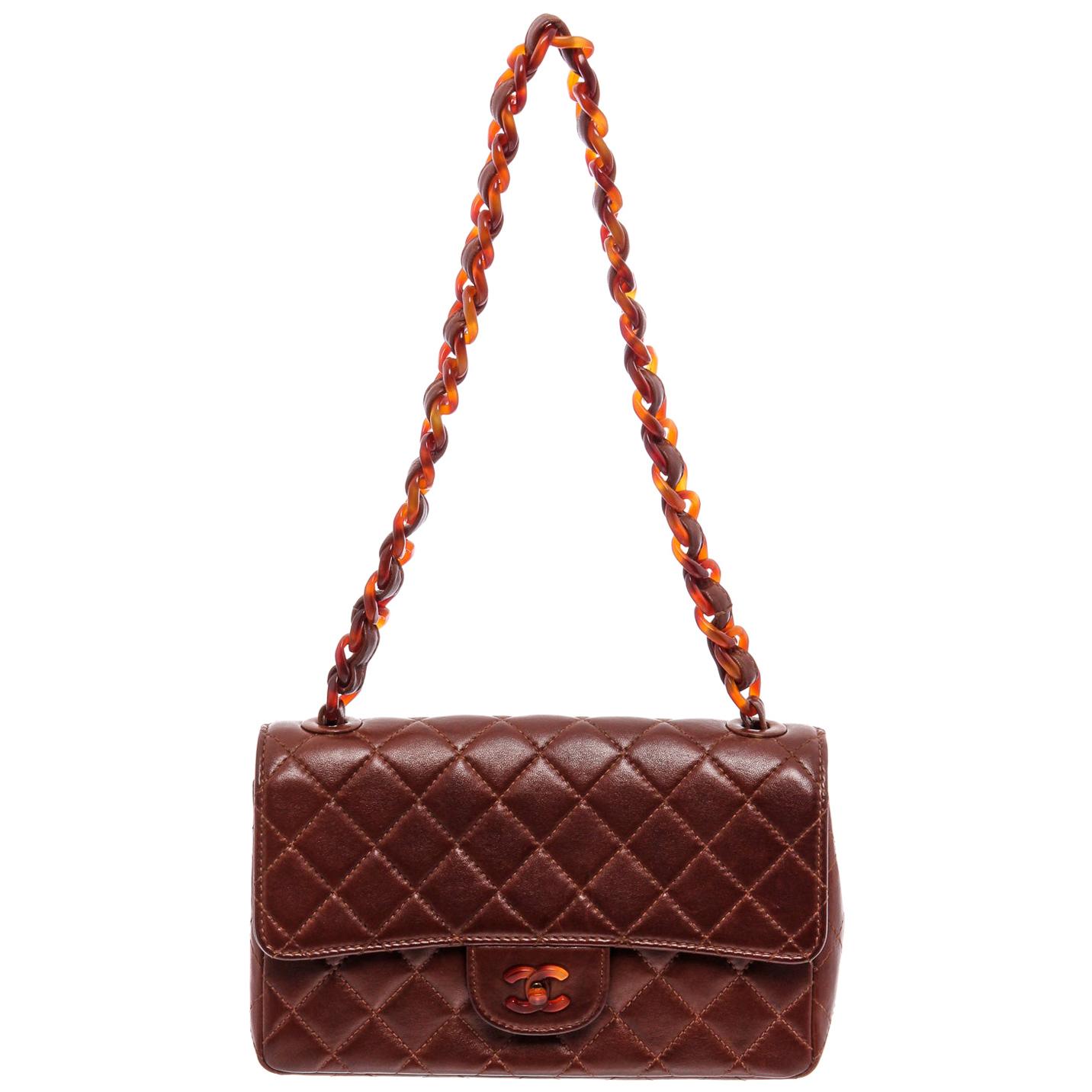 Chanel Vintage Brown Lambskin Leather Tortoise Medium Flap Bag