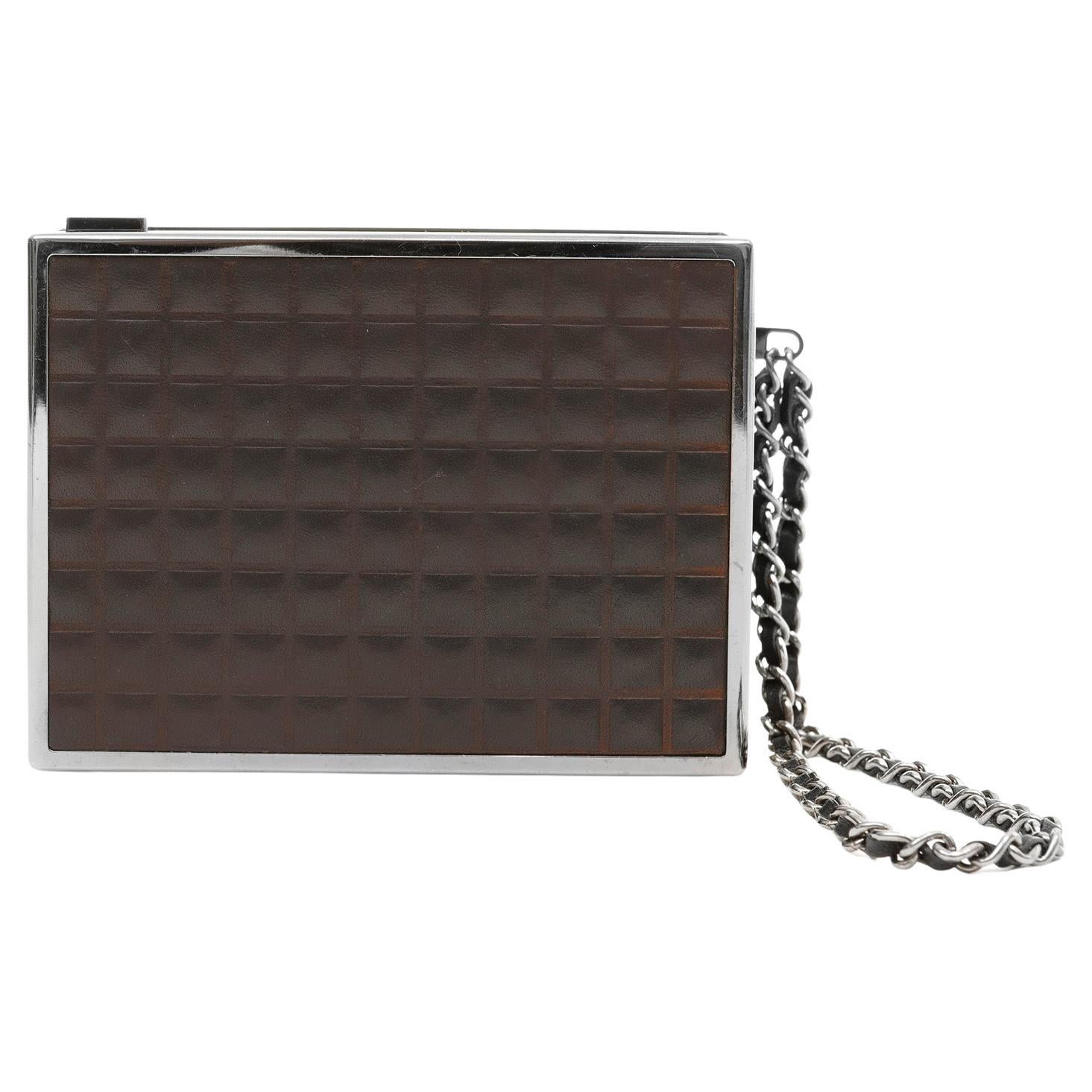 Chanel Vintage Brown Leather Box Purse Wristlet