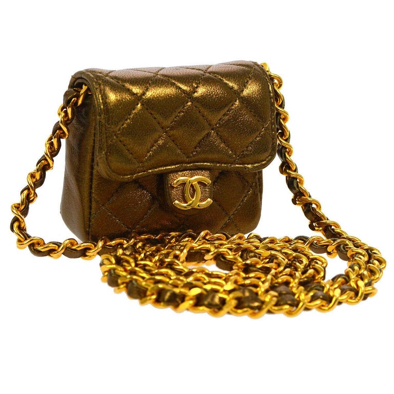 Chanel Vintage Brown Metallic Leather Micro Mini Shoulder Flap Bag in Box  at 1stDibs