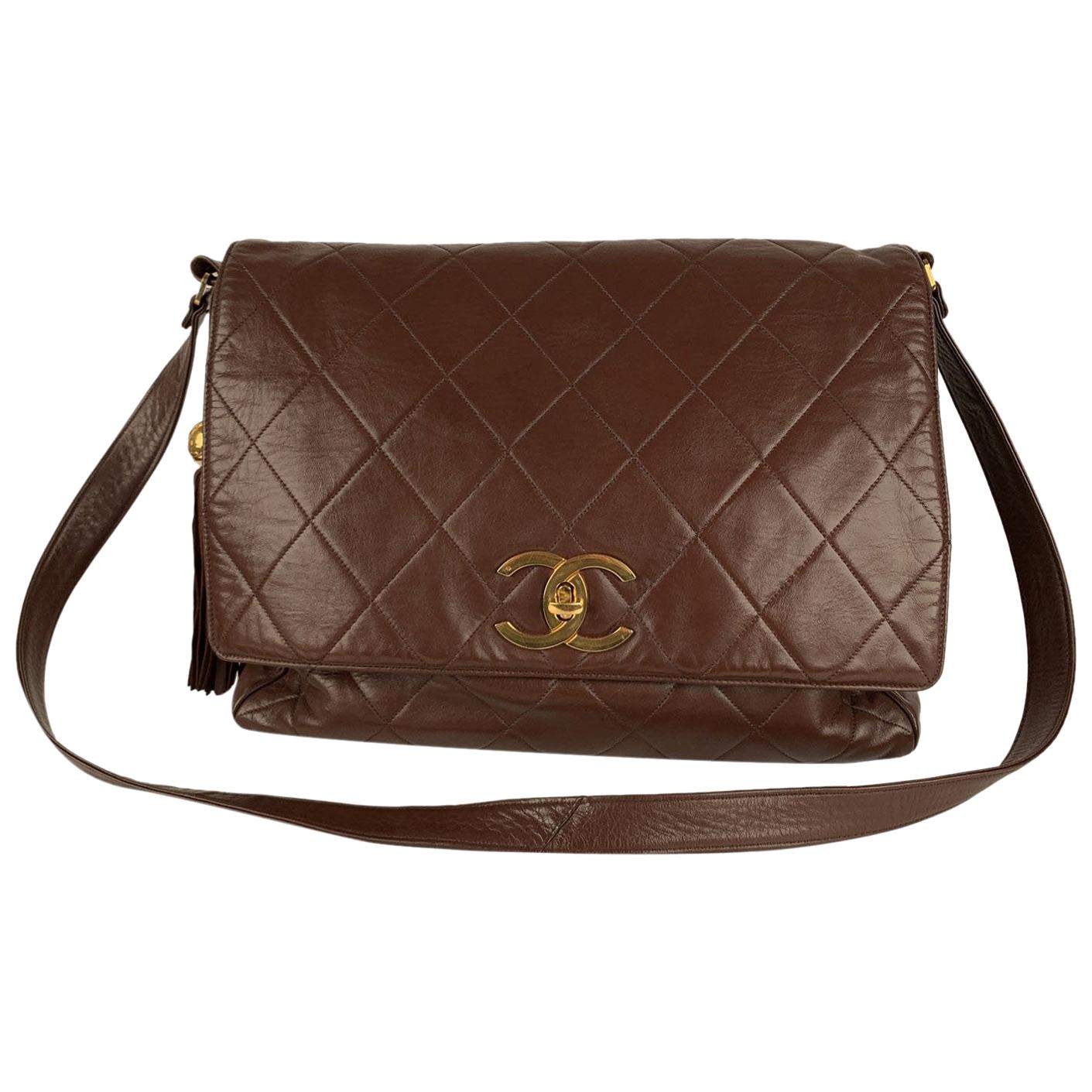 Chanel Vintage Brown Quilted Leather Large Messenger Bag