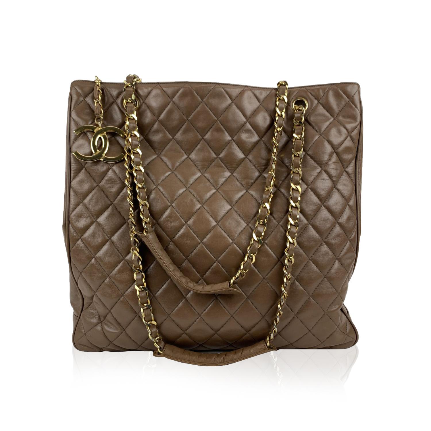 This bag will come with a Certificate of Authenticity provided by Entrupy, at no further cost.

Beautiful vintage CHANEL tote from the late '80. Made of brown quilted leather. Big CC - CHANEL logo on the front. Brown leather lining. The main