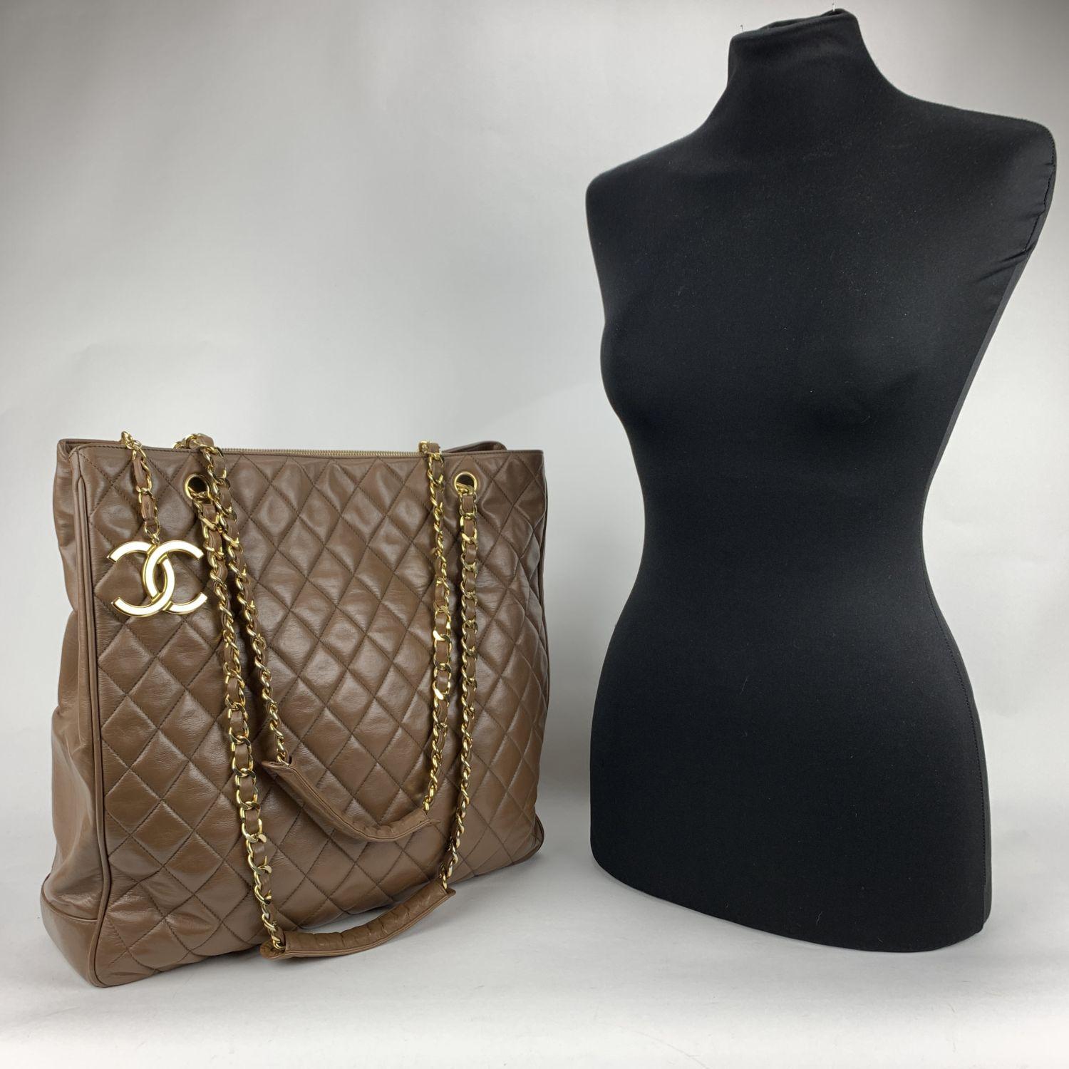 Black Chanel Vintage Brown Quilted Leather Tote Shoulder Shopping Bag