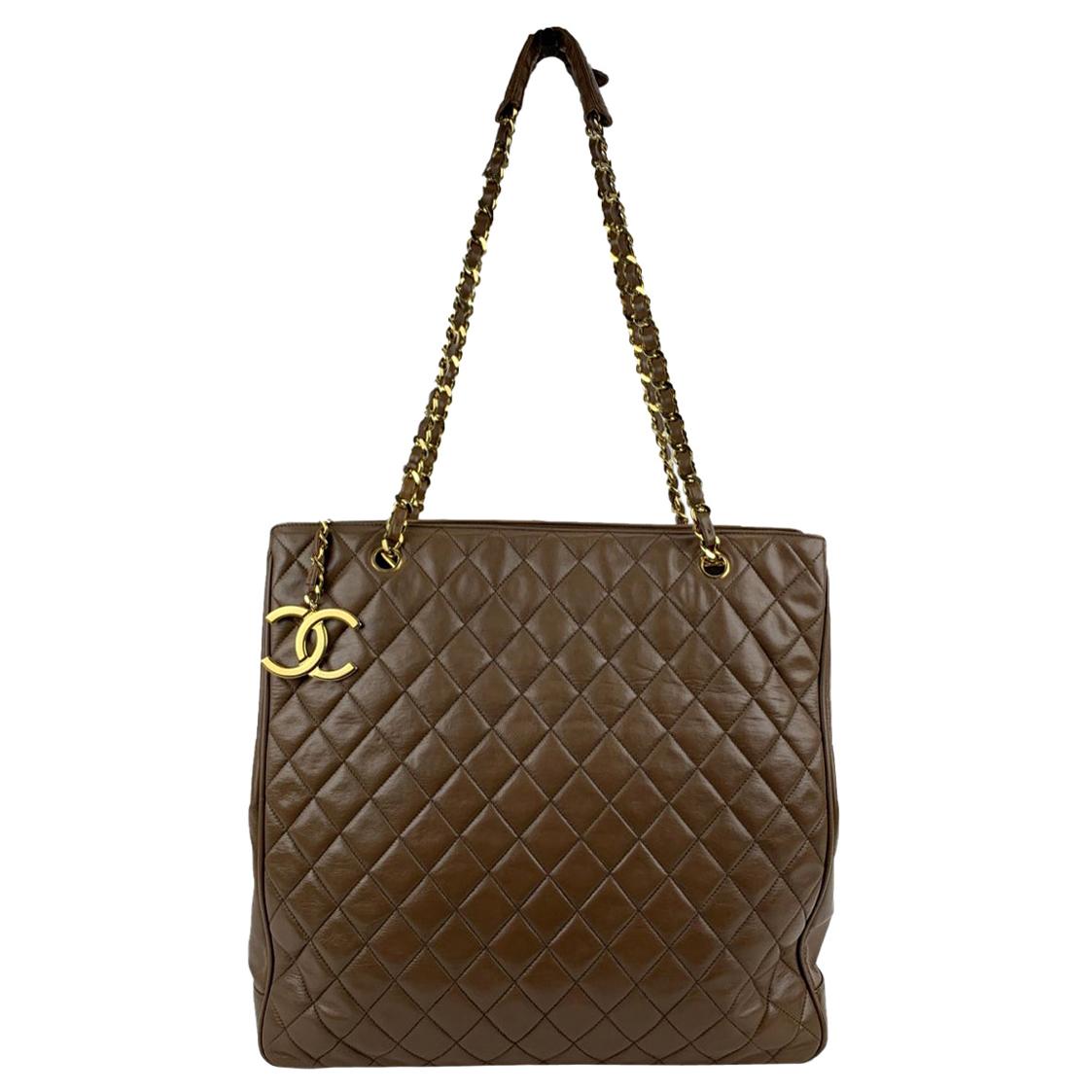 Chanel Vintage Brown Quilted Leather Tote Shoulder Shopping Bag