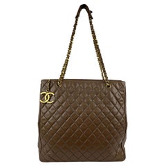 Chanel Vintage Brown Quilted Leather Tote Shoulder Shopping Bag
