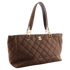 Chanel Vintage Brown Quilted Raffia CC Chain Large Tote Bag