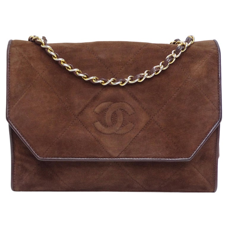 Chanel 90s Brown Suede Front Logo Chain Shoulder Bag