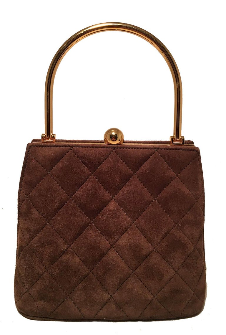 Chanel Vintage Brown Suede Gold Top Handle Small Evening Frame Bag For Sale  at 1stDibs