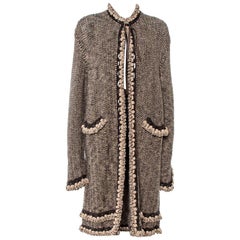 Chanel Vintage Brown Tweed Braided Trim Tie Neck Coat L