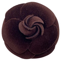 Chanel Vintage Brown Velvet Camelia Camellia Flower Pin Brooch