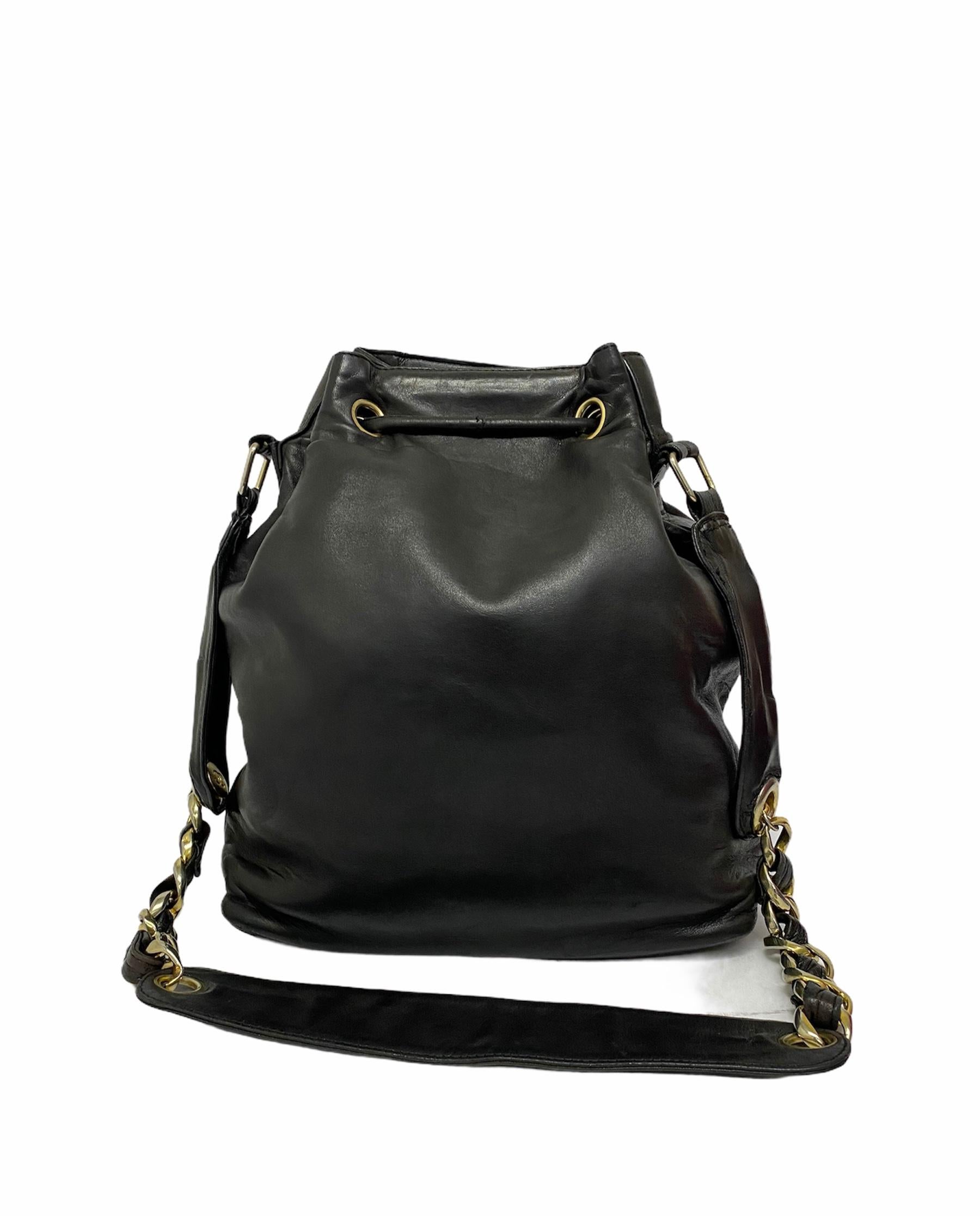 Chanel Vintage Bucket Bag in Black Leather with Golden Hardware 1