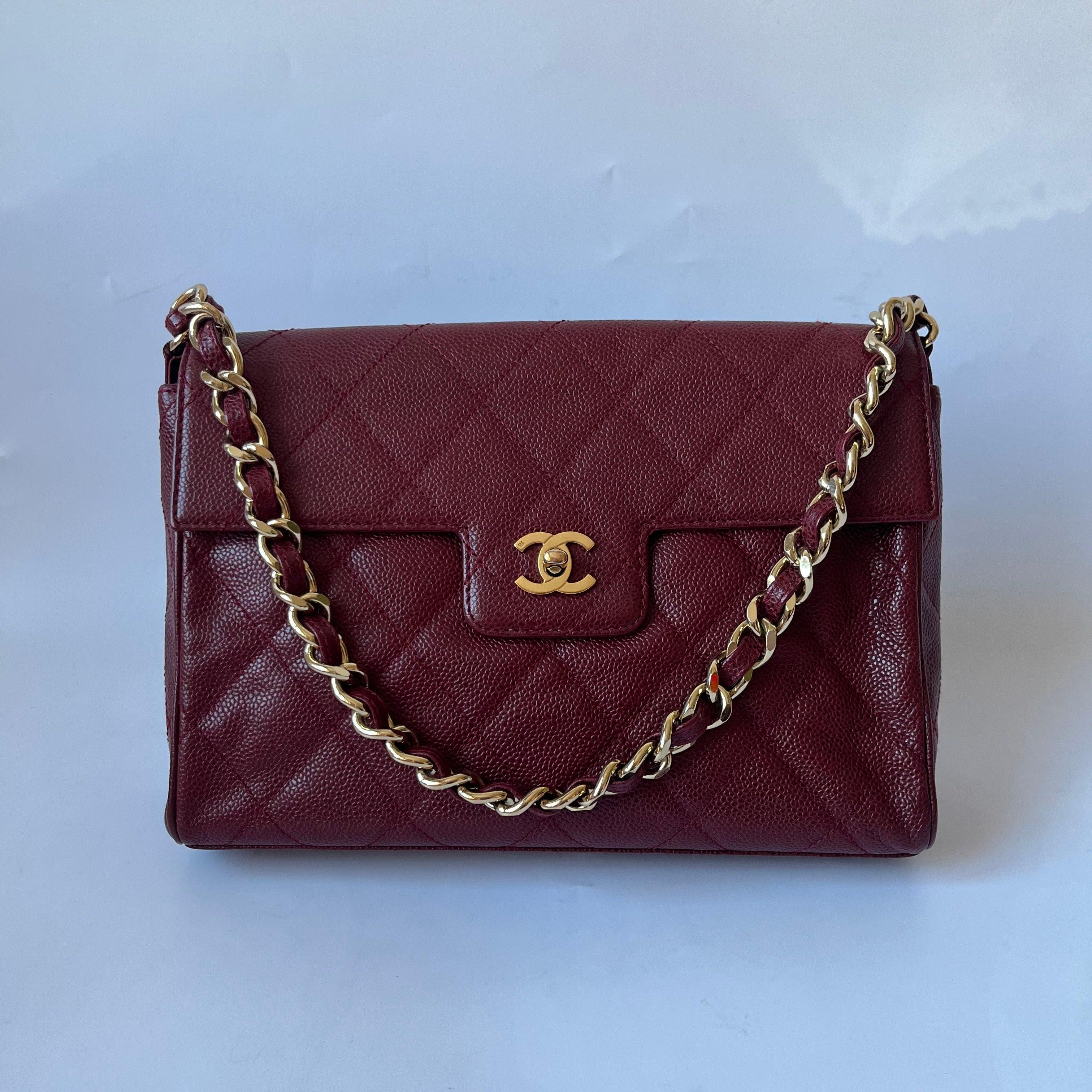 Chanel Vintage Burgundy Caviar Leather Shoulder Bag 24k Gold HW
 These are professional photos of the actual bag .
 This authentic vintage Chanel Single Flap Burgundy Caviar Leather bag features a sleek design and exquisite 24k gold plated hardware.