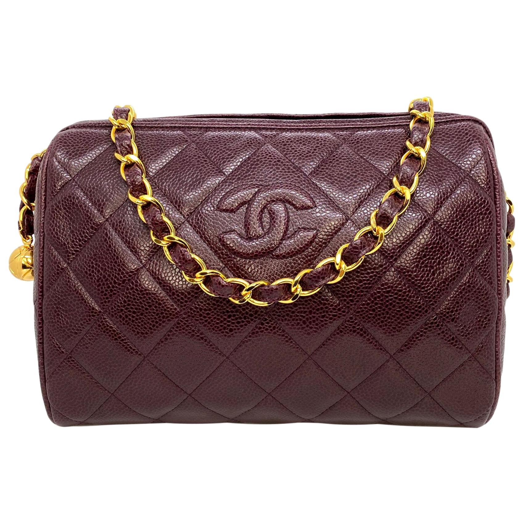 Chanel Vintage Burgundy Quilted Caviar Leather Camera Bag with Gold Hardware