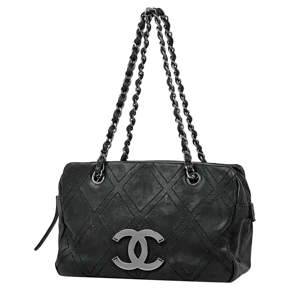 Chanel 2007 Vintage Calfskin Leather Small Medium CC Logo Black Shopping Tote For Sale