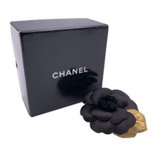 Chanel Vintage Camelia Camellia Black Flower Golden Leaves Brooch Pin