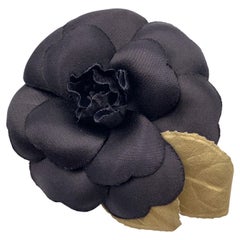 Chanel Vintage Camelia Camellia Black Flower Golden Leaves Brooch Pin Chanel Vintage Camelia Camellia Black Flower Golden Leaves Brooch Pin