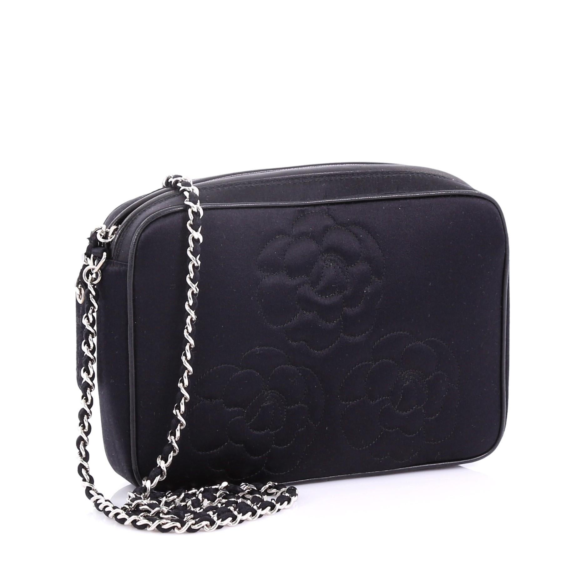 Black Chanel Vintage Camellia Chain Camera Bag Satin Small