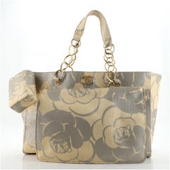 Chanel Vintage Camellia Chain Tote Printed Raffia Medium