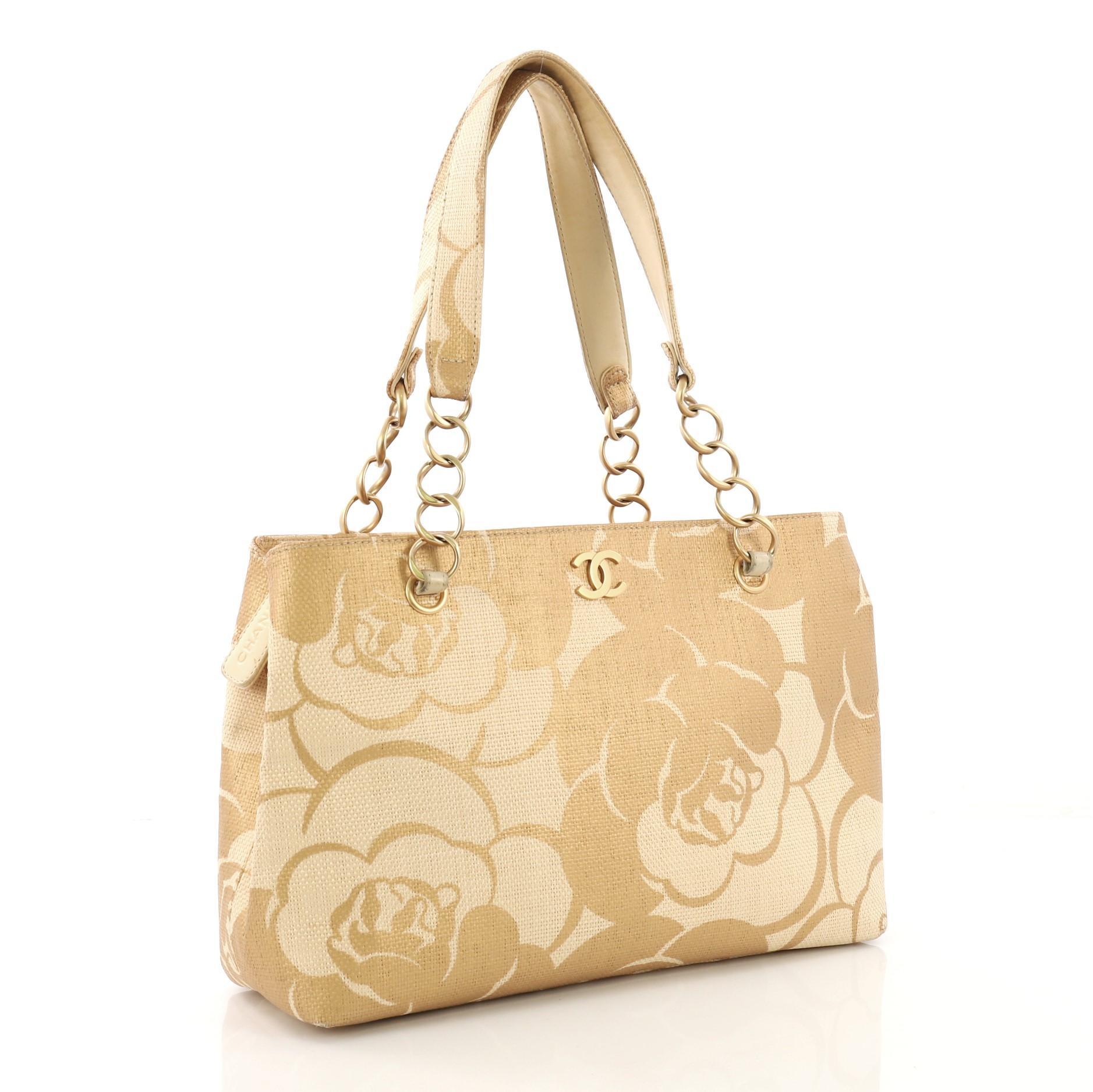 Beige Chanel Vintage Camellia Chain Tote Printed Raffia Medium