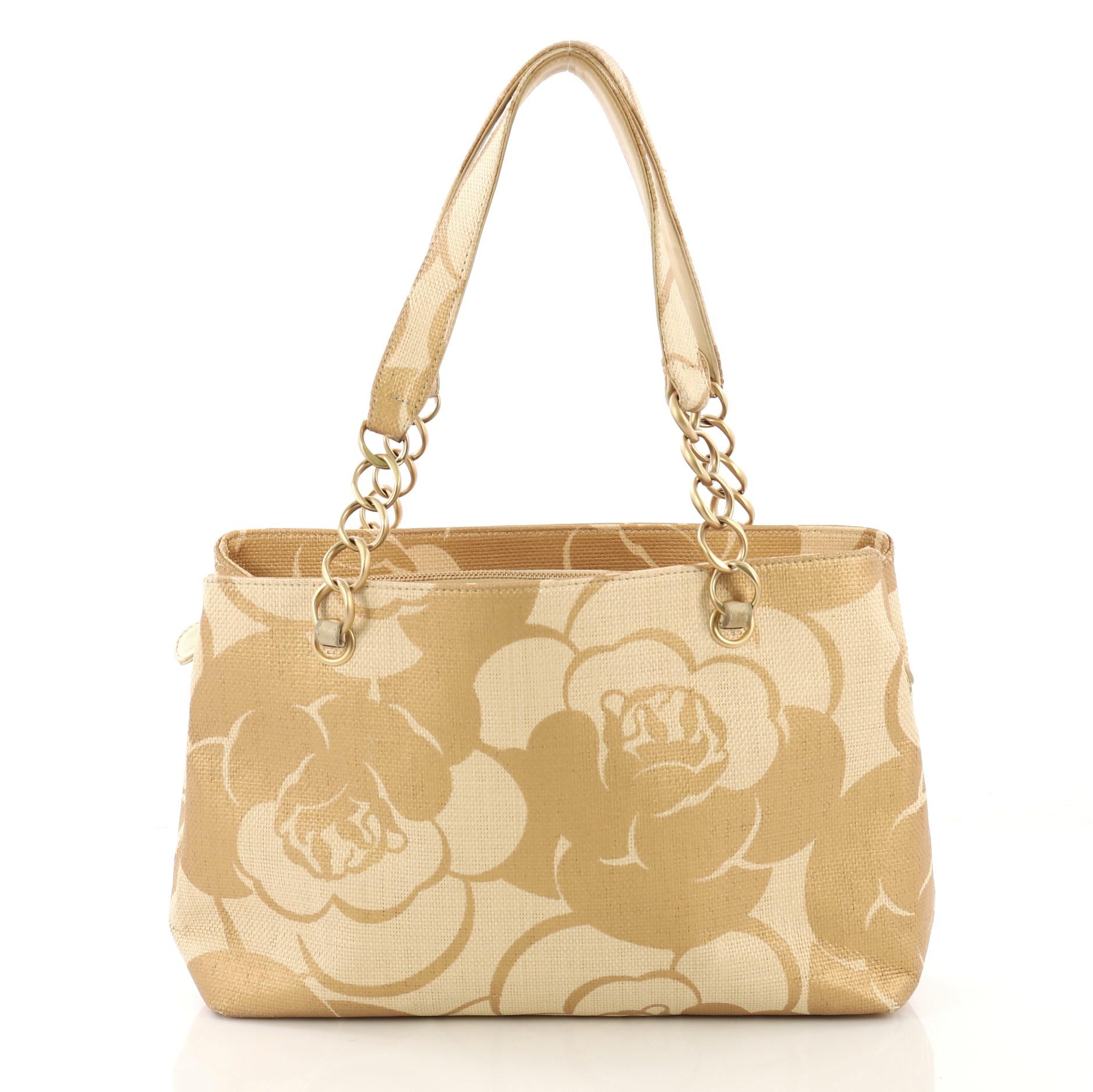 Chanel Vintage Camellia Chain Tote Printed Raffia Medium In Good Condition In NY, NY