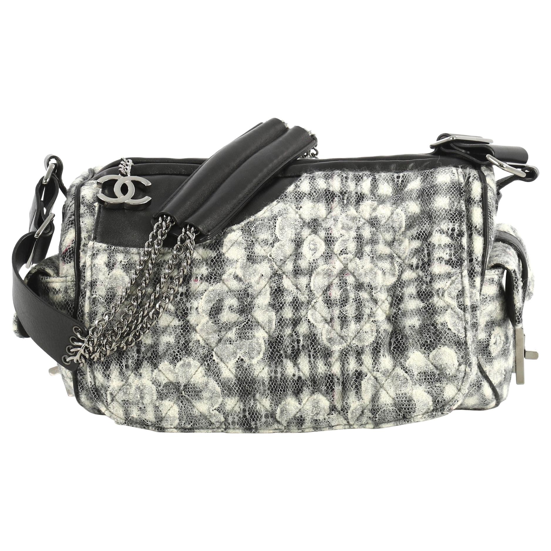Chanel Vintage Camellia Flap Camera Bag Quilted Tweed Large