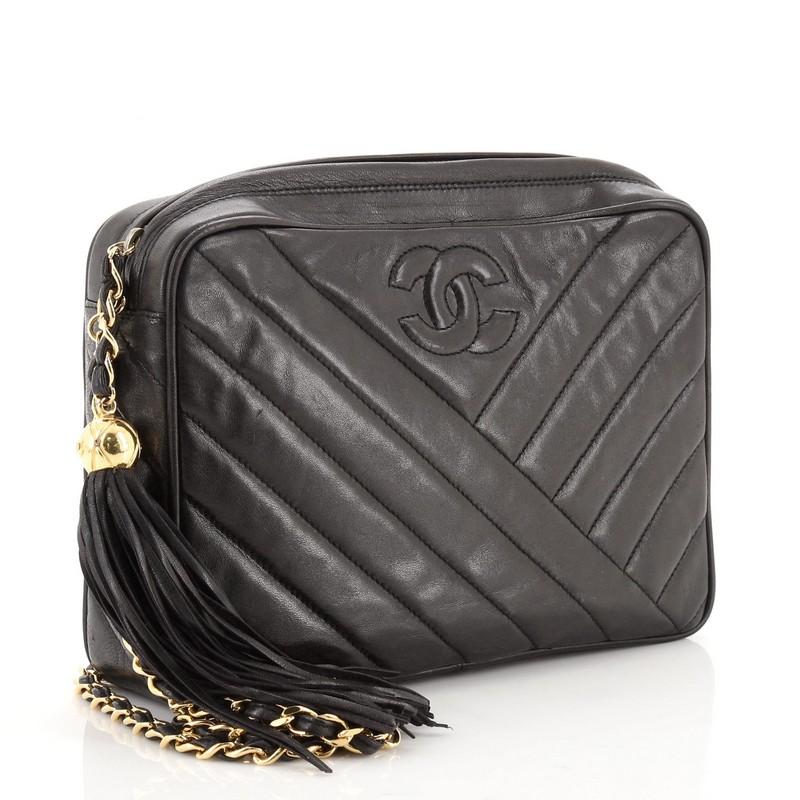 Black Chanel Vintage Camera Bag Chevron Lambskin Small