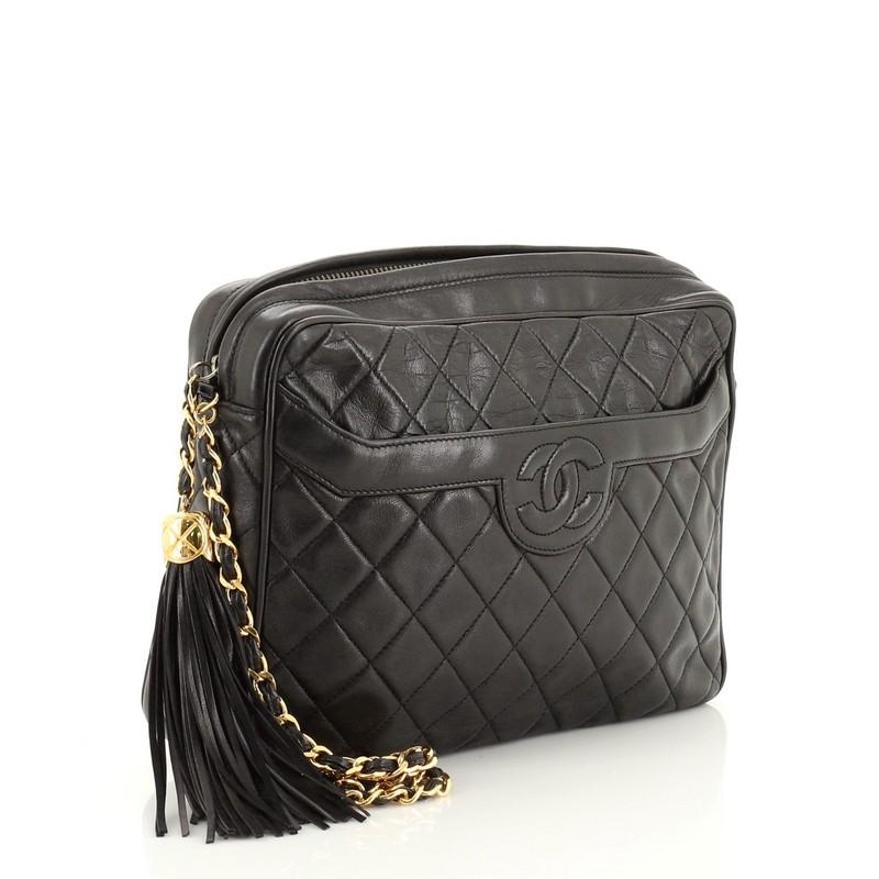 Black Chanel Vintage Camera Tassel Bag Quilted Leather Large