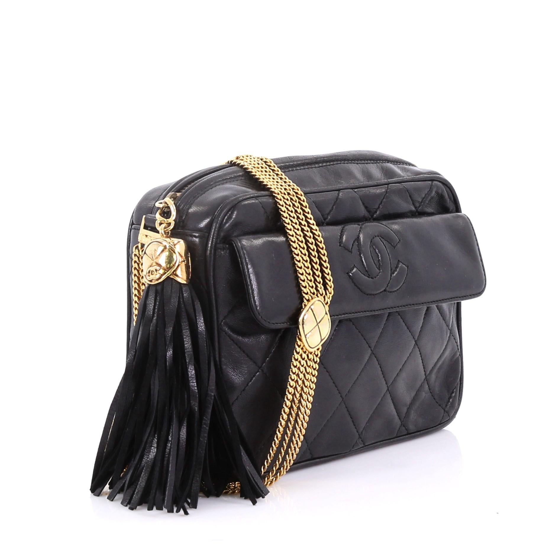 Black Chanel Vintage Camera Tassel Bag Quilted Leather Mini