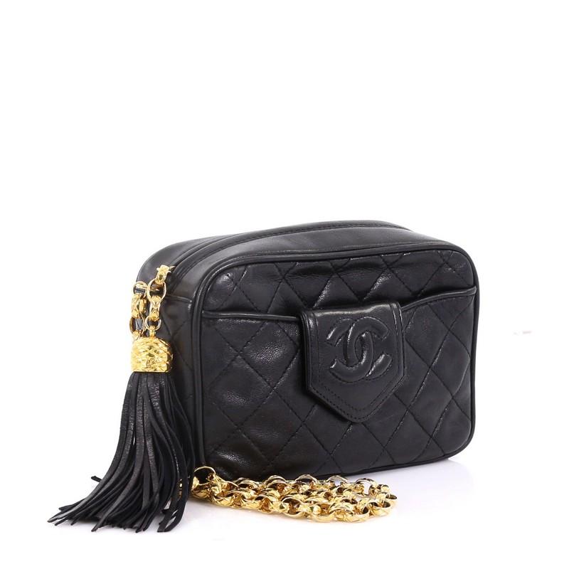 Black Chanel Vintage Camera Tassel Bag Quilted Leather Mini