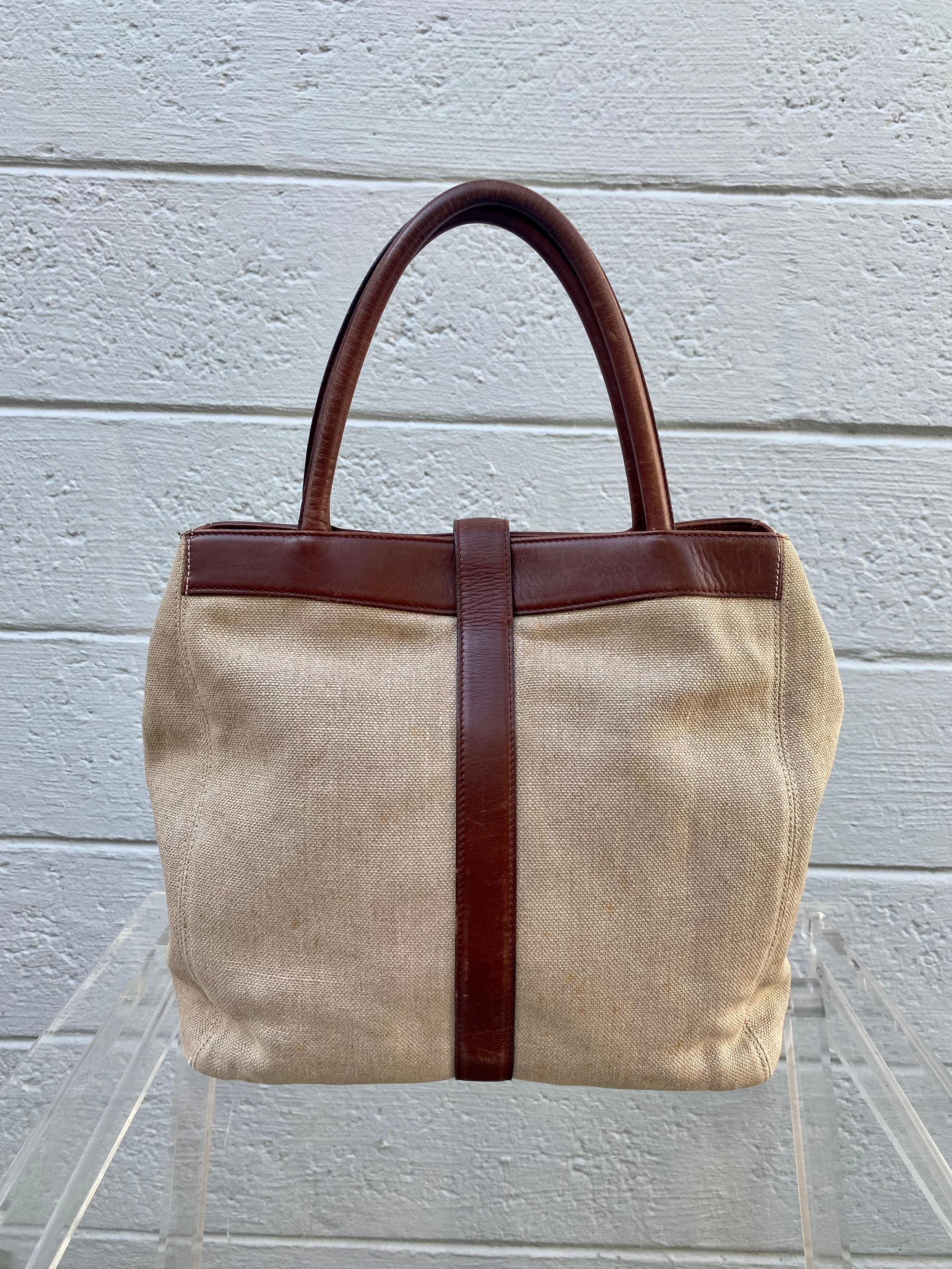 Chanel Vintage Beige Canvas and Leather Flap Tote In Good Condition In Fort Lauderdale, FL