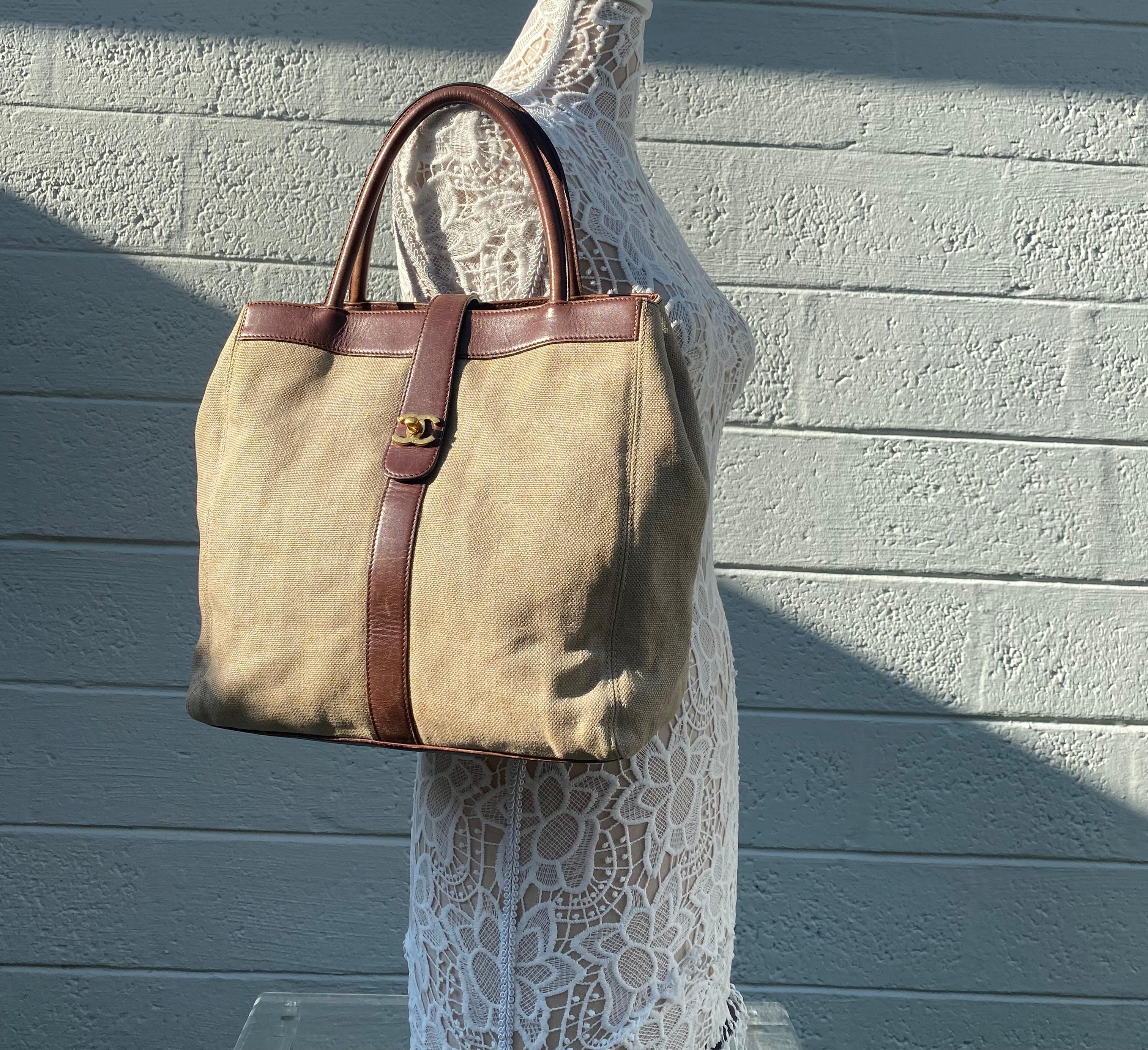 Chanel Vintage Beige Canvas and Leather Flap Tote 3