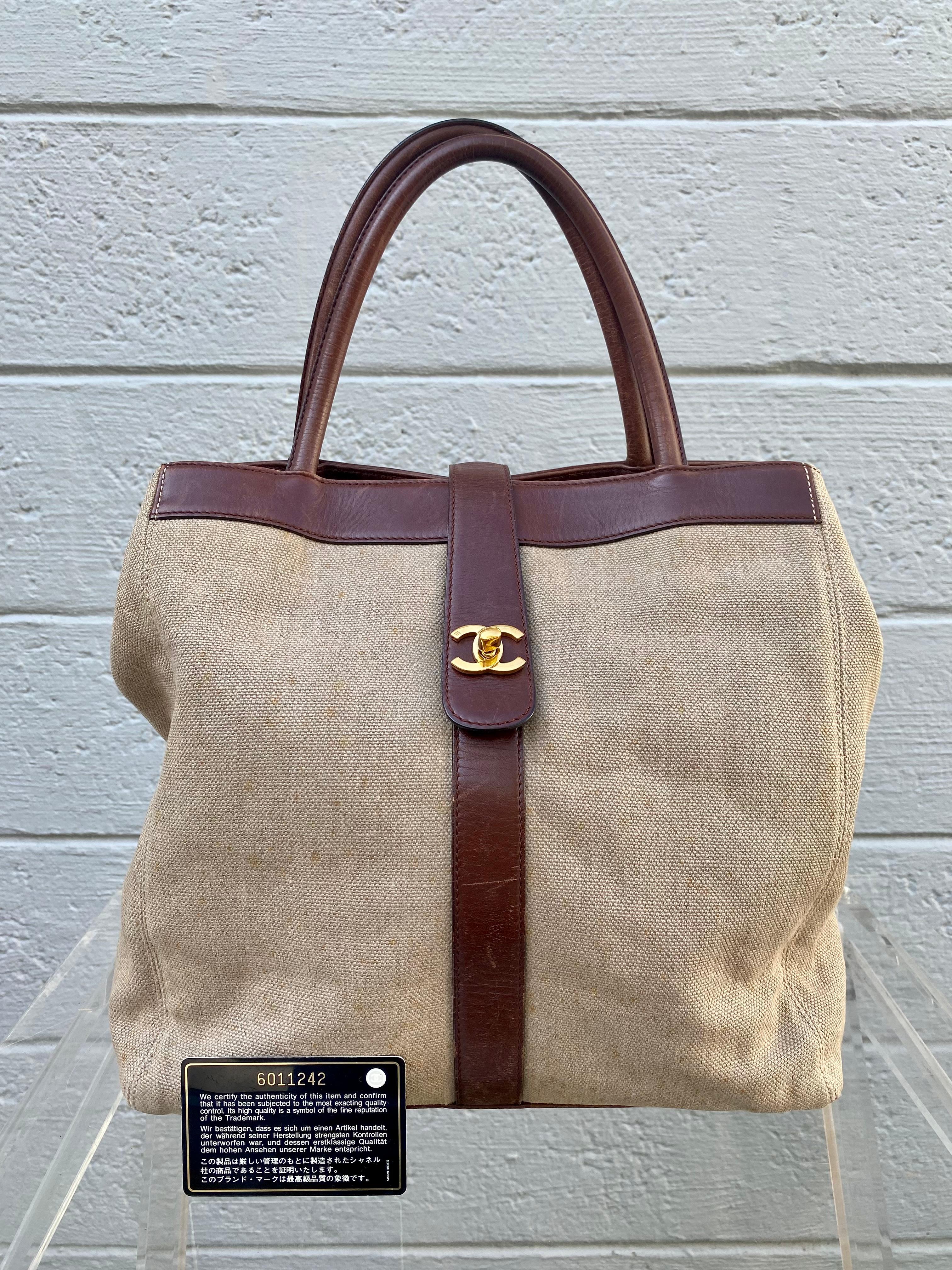 Chanel Vintage Beige Canvas and Leather Flap Tote 4