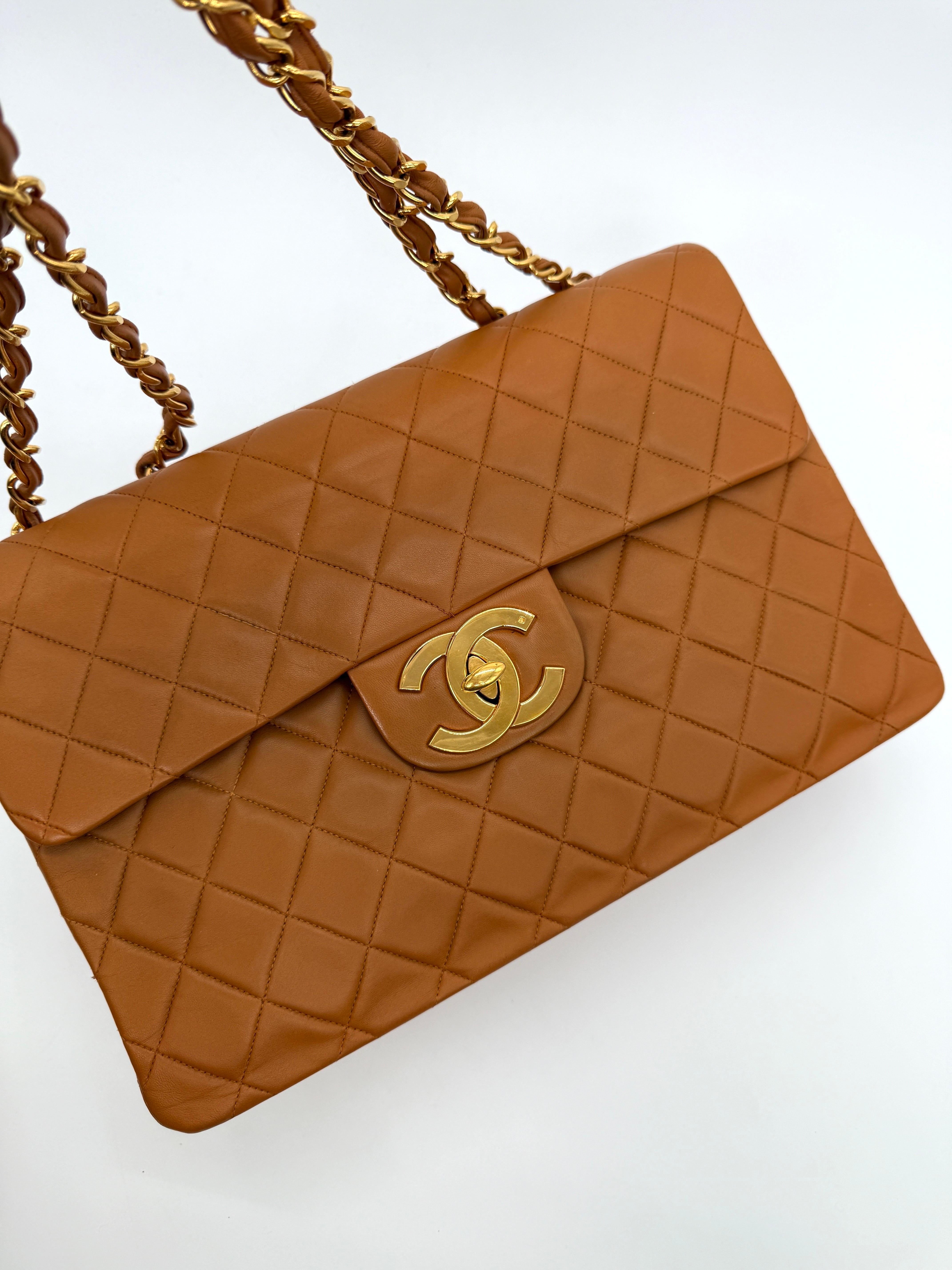 Chanel Vintage Carmel Maxi Lambskin Flap Bag For Sale 9