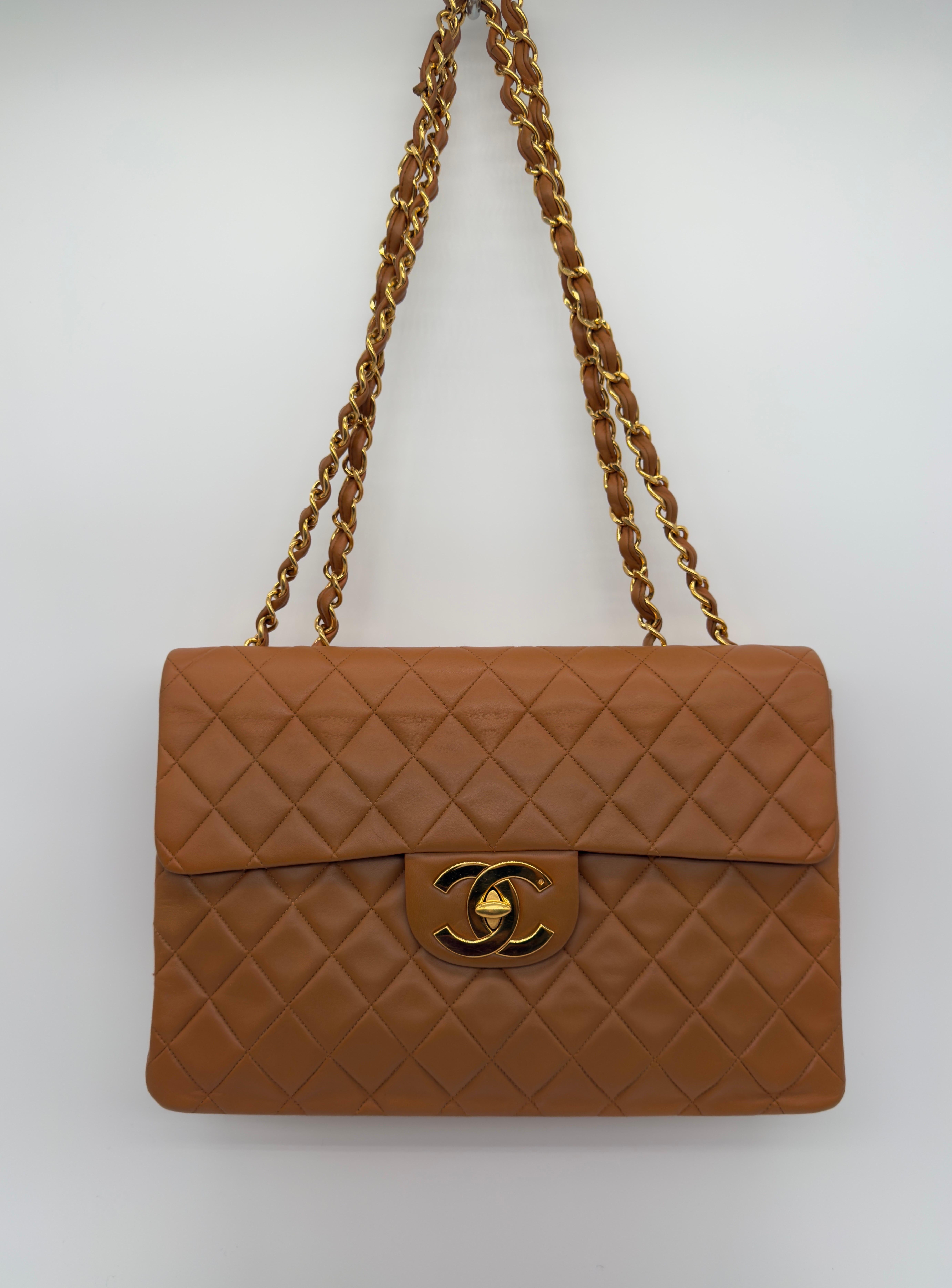 Gray Chanel Vintage Carmel Maxi Lambskin Flap Bag For Sale
