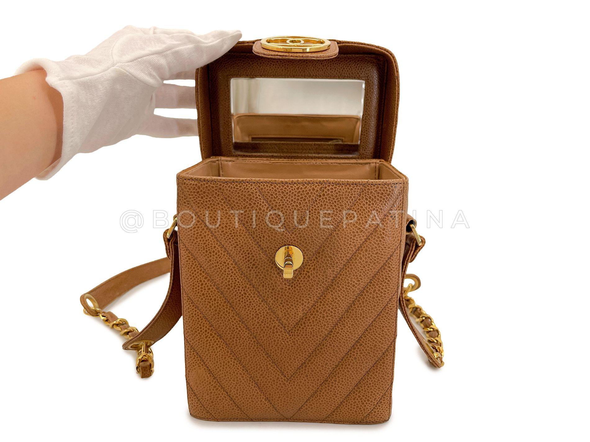 Chanel Vintage Kaviar Karamell Brown Chevron eingekreist CC Vanity Case Tasche 67996 im Angebot 5