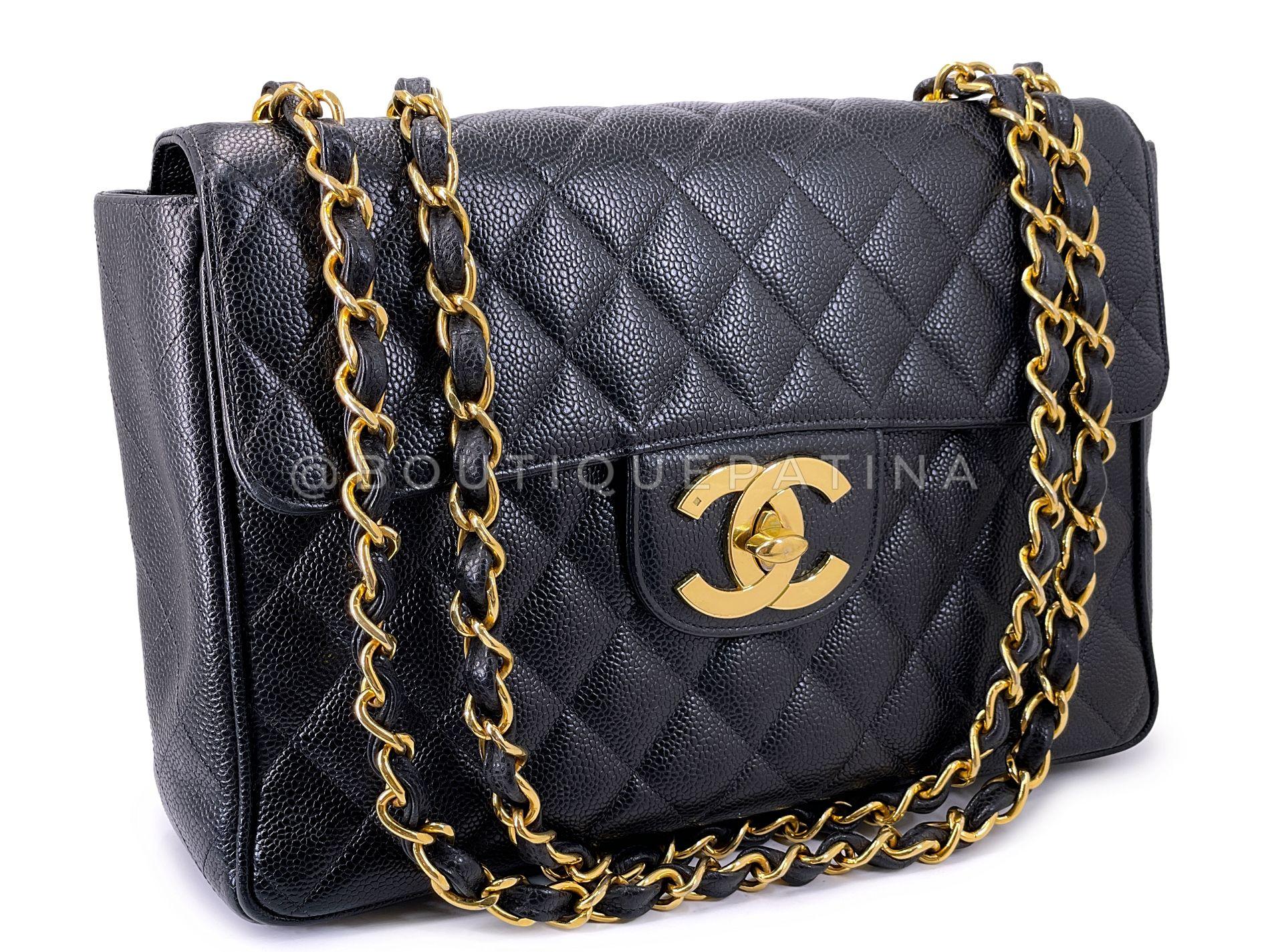 Store item: 67217
A holy grail is this vintage classic jumbo with oversized CC in caviar leather. Vintage caviar bags in excellent condition are hard to find -- usually vintage Chanel bags are in lambskin. The combination of the pebbled calfskin