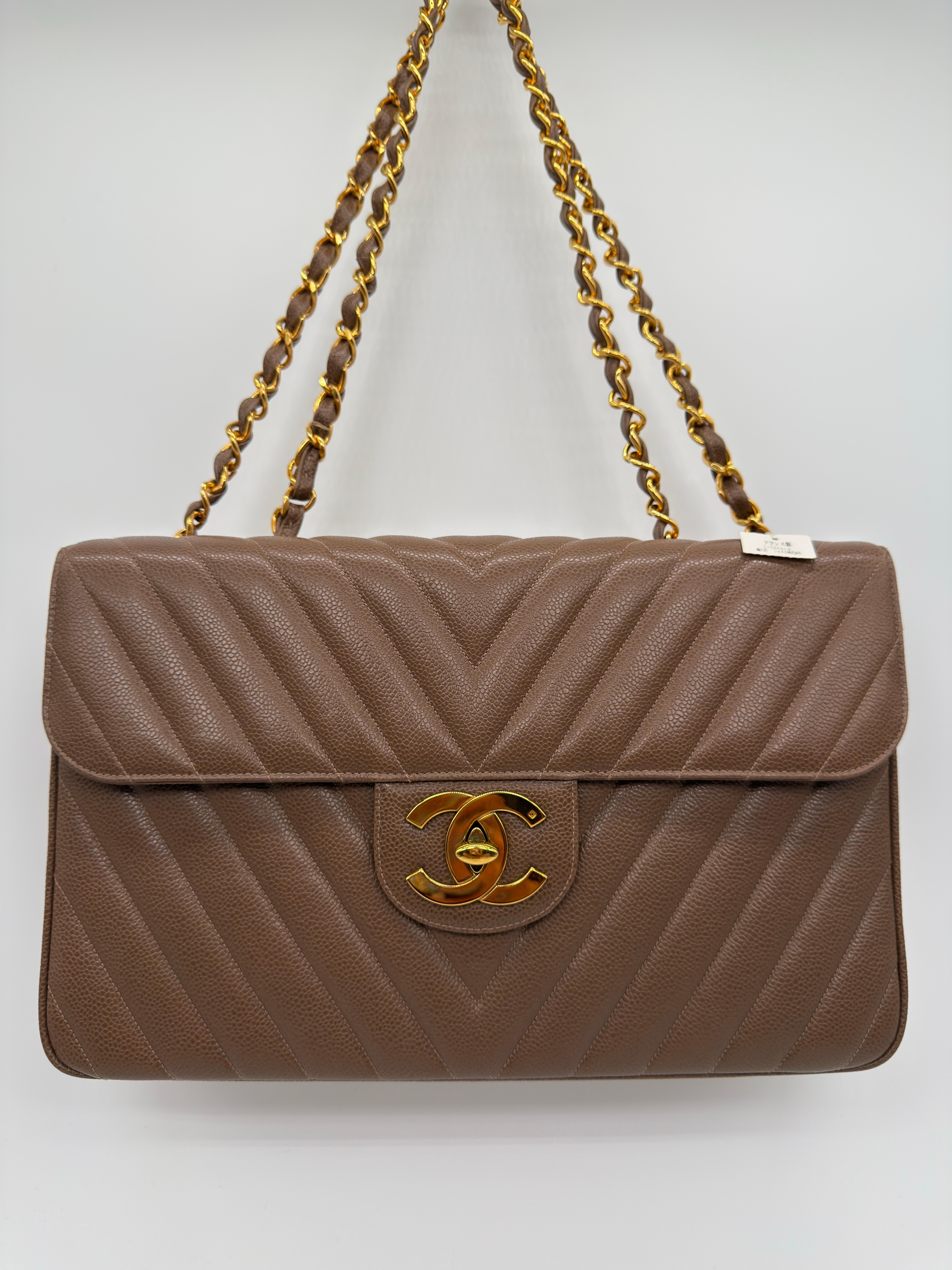Brown Chanel Vintage Caviar Leather Chevron Maxi Flap Bag For Sale