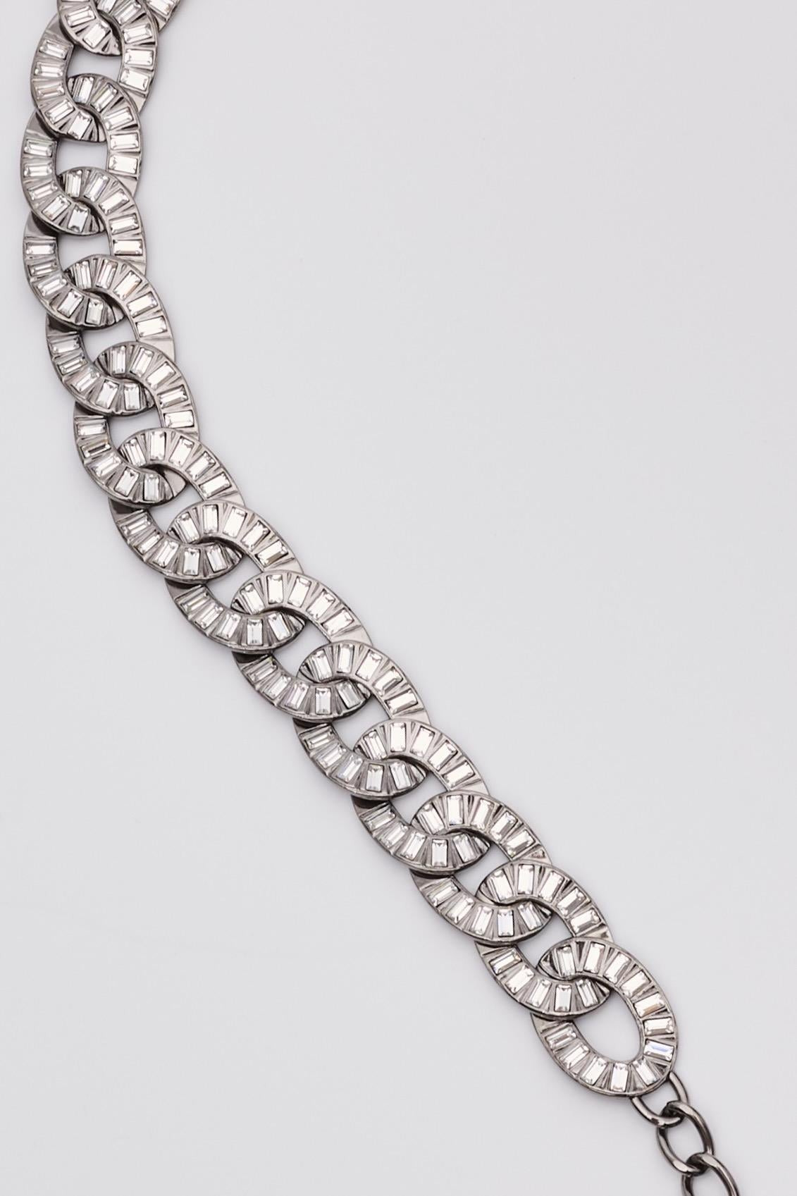 Gray Chanel Vintage CC Baguette Crystals Pendant Ruthenium Chain Link Belt For Sale
