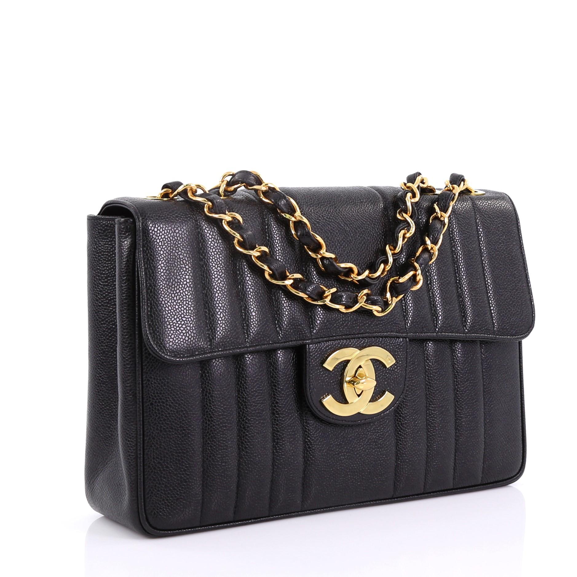 Black Chanel Vintage CC Chain Flap Bag Vertical Quilt Caviar Maxi