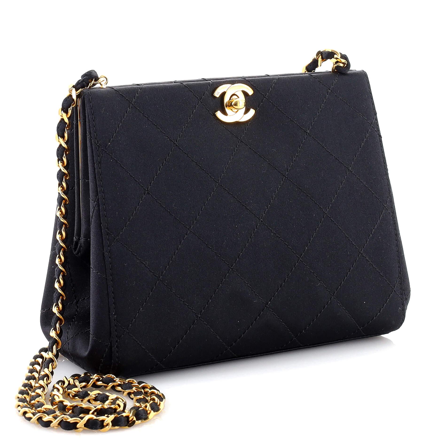 Black Chanel Vintage CC Chain Frame Bag Quilted Satin Small For Sale