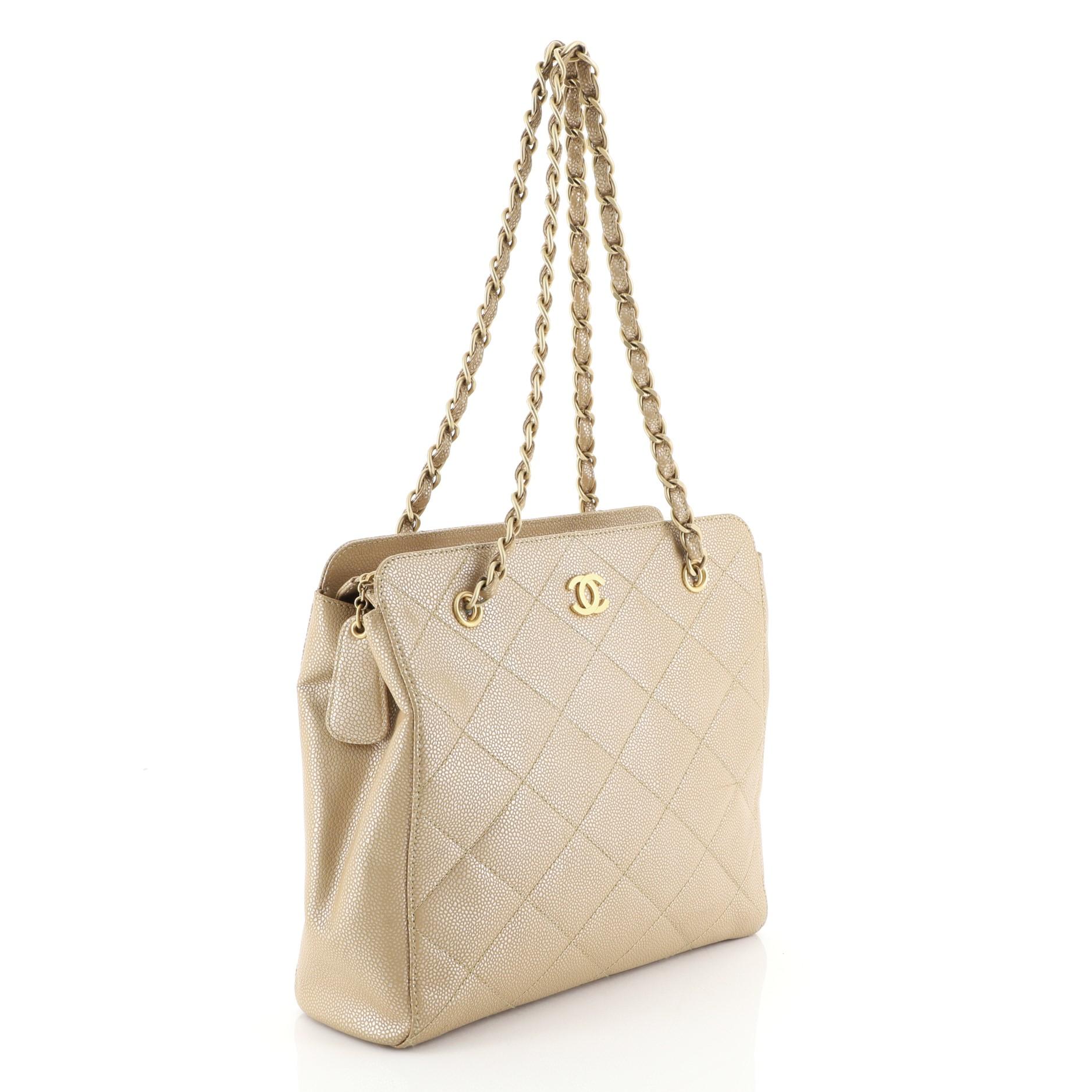 Beige Chanel Vintage CC Chain Tote Quilted Iridescent Caviar Medium